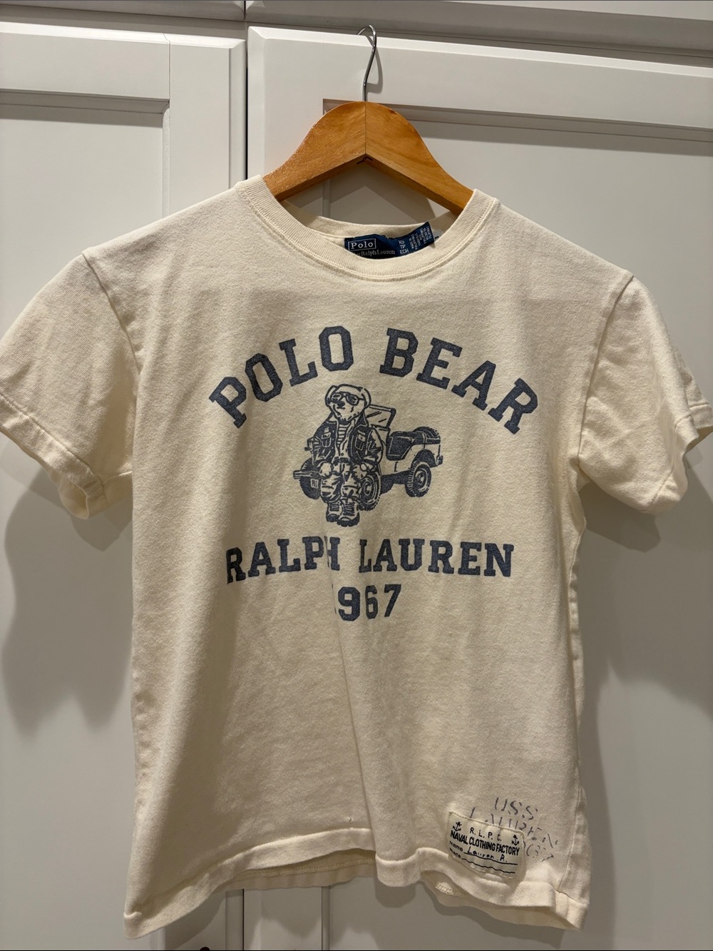 Ralph Lauren Cream Polo Bear Graphic Tee with Navy Print